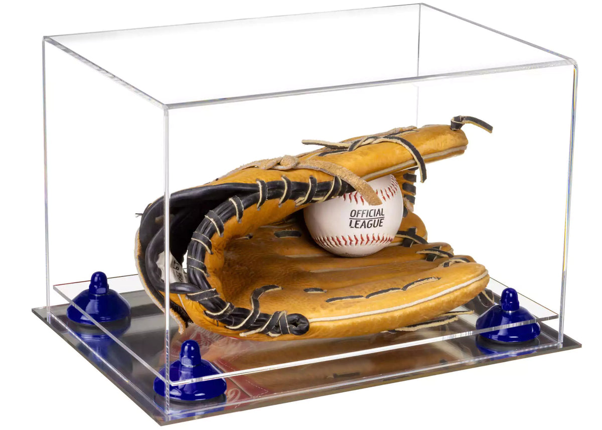 Acrylic Baseball Glove Display Case with Risers, store Mirror and White Base (A004-WB)