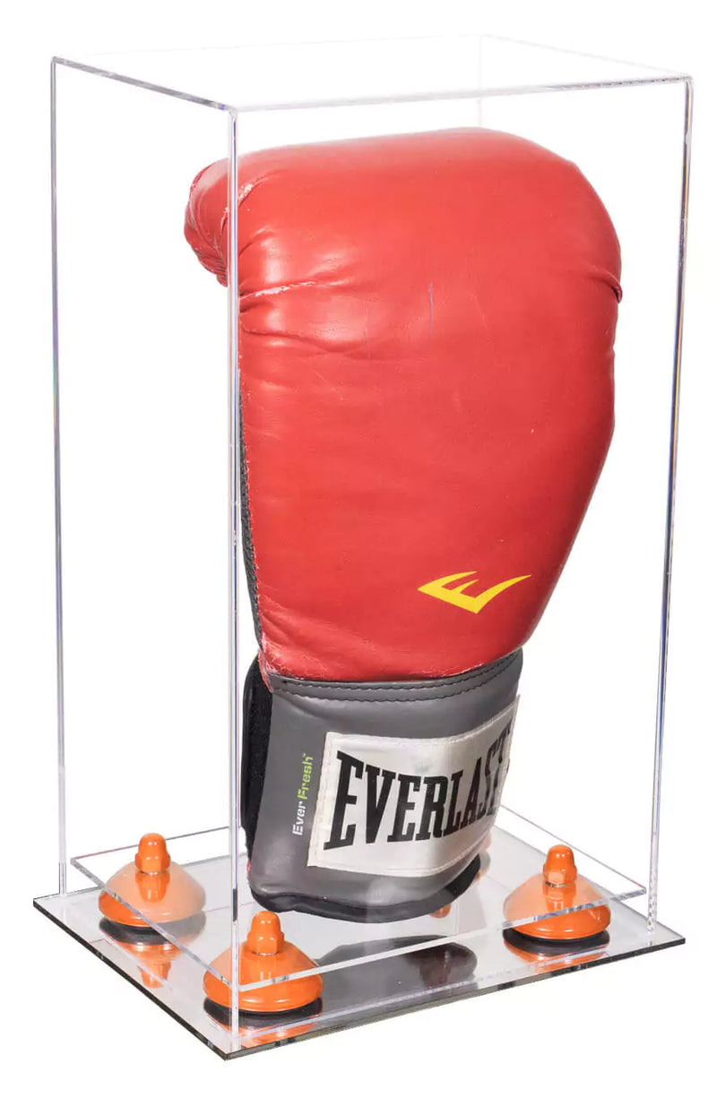 Acrylic Full Size Boxing Glove Display Case Vertical Clear Yellow Risers Clear Base