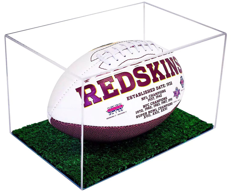 football or rugby ball display case with turf base for sale on better display cases