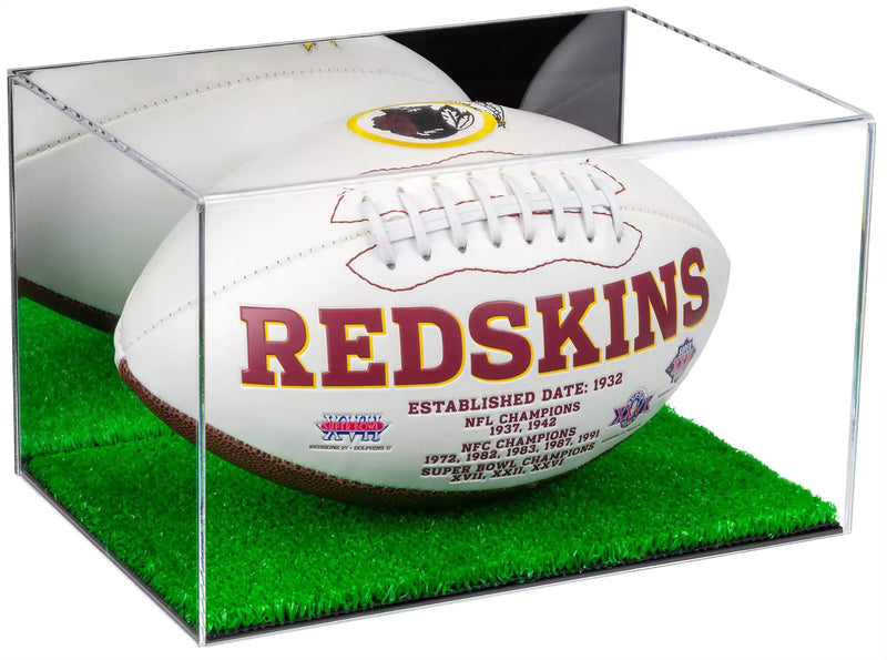 football or rugby ball display case with turf base for sale on better display cases