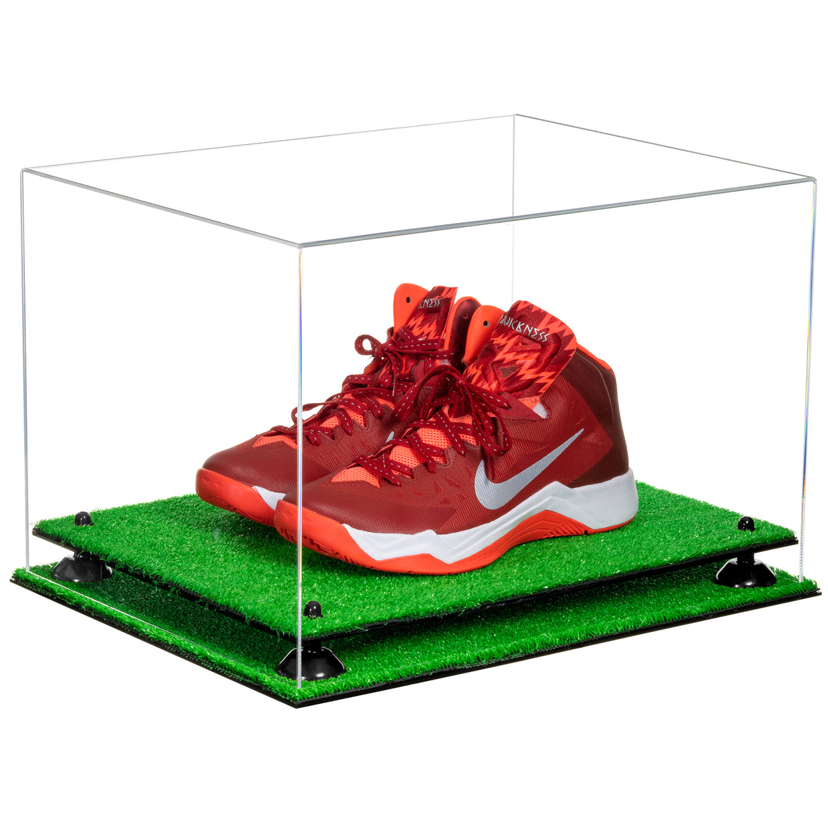 Acrylic Large Shoe Pair Display Case for Soccer Cleats Football Cleats with store Mirror, Risers and Turf Base (V13)