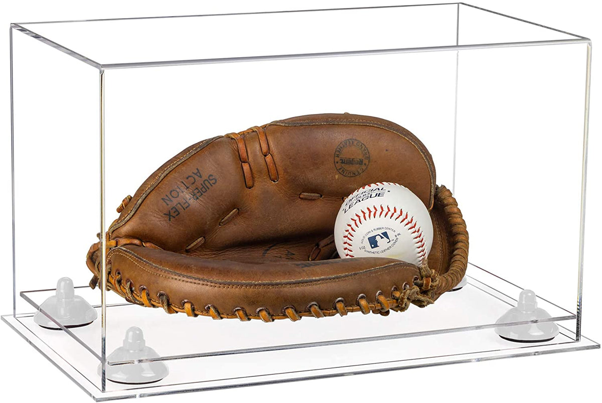 Acrylic Baseball Glove Display Case with Risers, store Mirror and White Base (A004-WB)