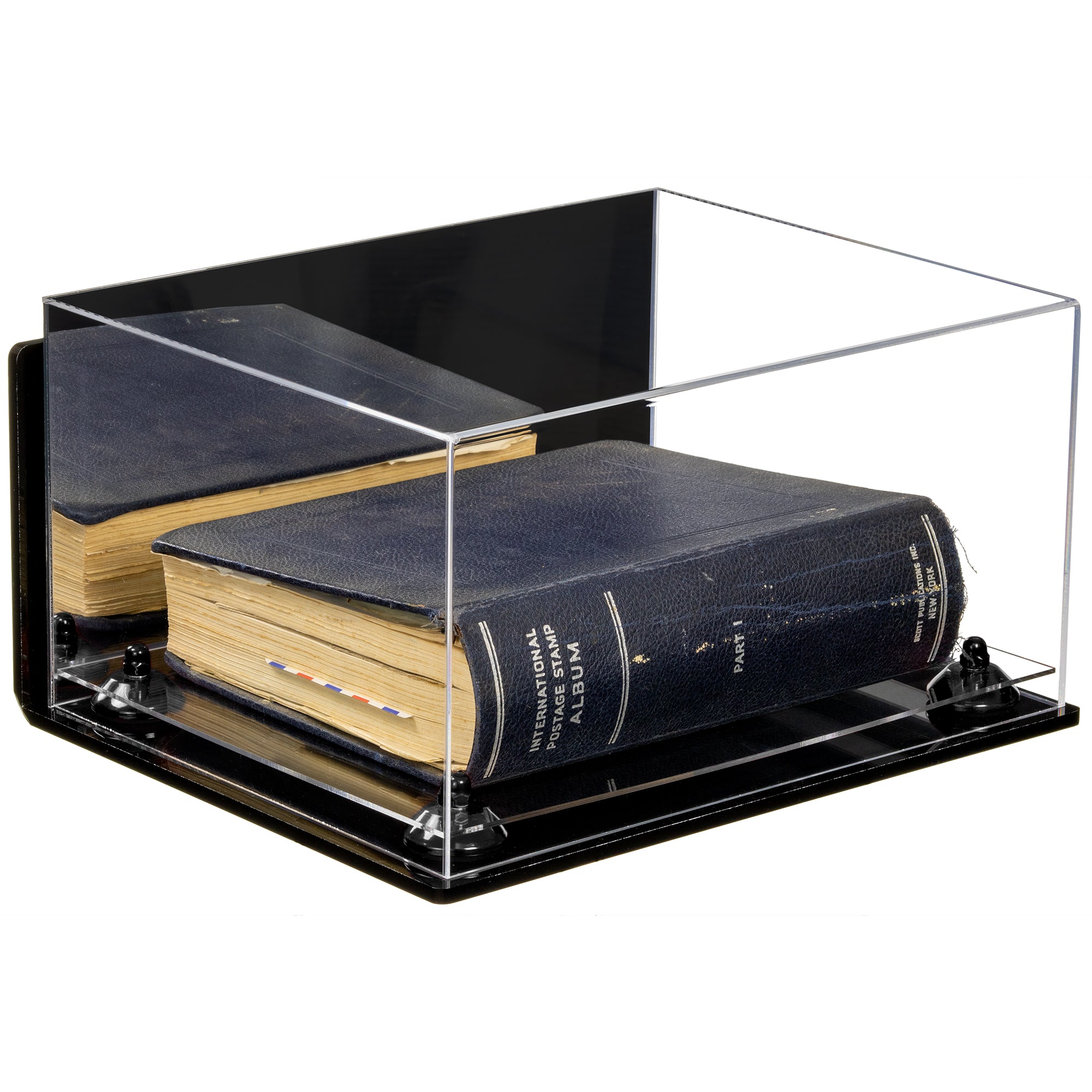 Versatile Display Case - Large Square Box with Clear & Mirror Case with Risers and Black Base 15.5